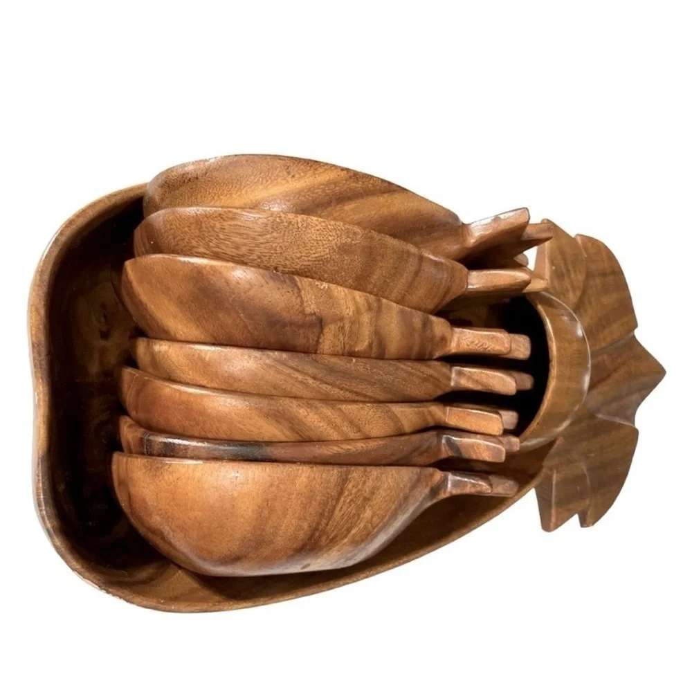 Vintage 1960s Monkey Pod Wood Pineapple Salad Bowl Set 9 Pc Philippines